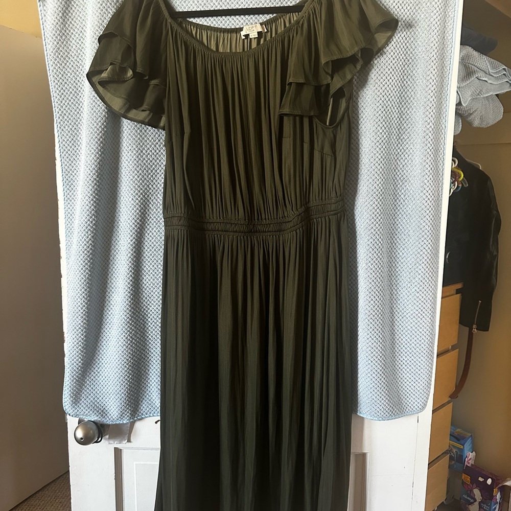 LOFT Olive Green Ruffle Sleeve Maxi Dress